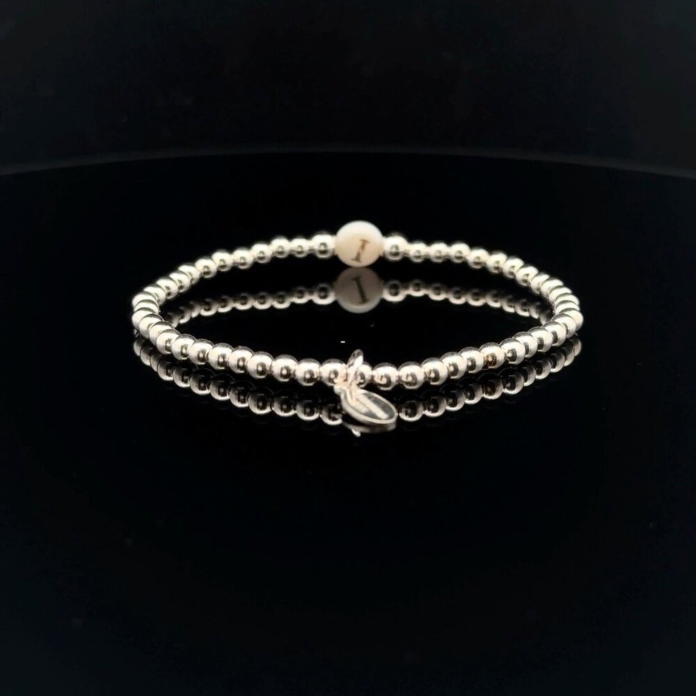 925 Sterling Silver Beaded Stretch Stacking Bracelet MOP Letter Initial I - Picture 4 of 6